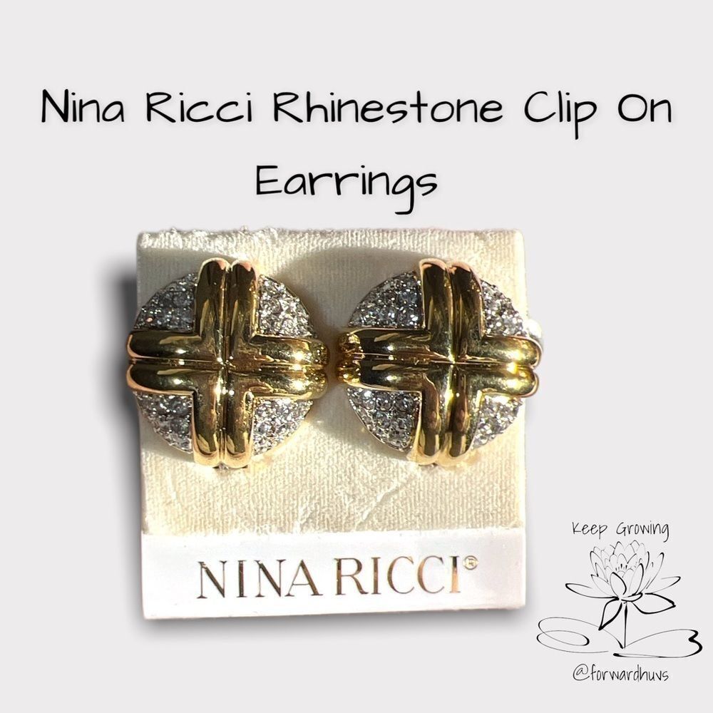 Vintage Signed Nina Ricci Gold Tone & Rhinestone Clip On Earrings NWT